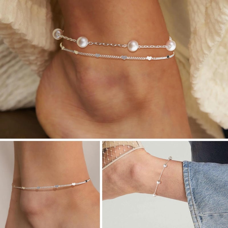 Poxtex Sterling Silver Anklet Bracelets for Women Waterproof, 925 Sliver Plated CZ & Heart Charm Dainty Layer Anklets for Women Trendy, Simple Chain Anklets Set Gifts for Women, Mother Day Jewelry Gifts for Her Women Mom Wife Girlfriend - Image 4